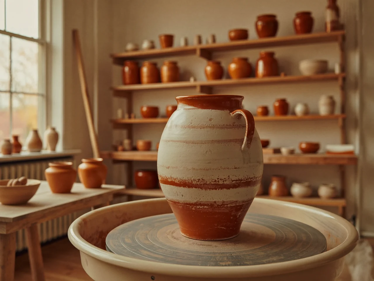 Studio di ceramica in luce naturale, con ripiani in legno e un tornio in primo piano