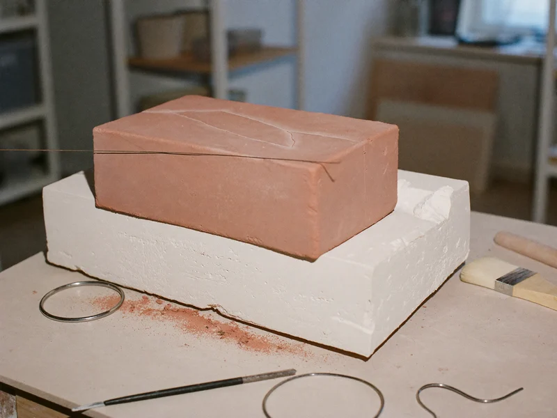 Panetto di argilla color terracotta tagliato con il filo su un banco in gesso