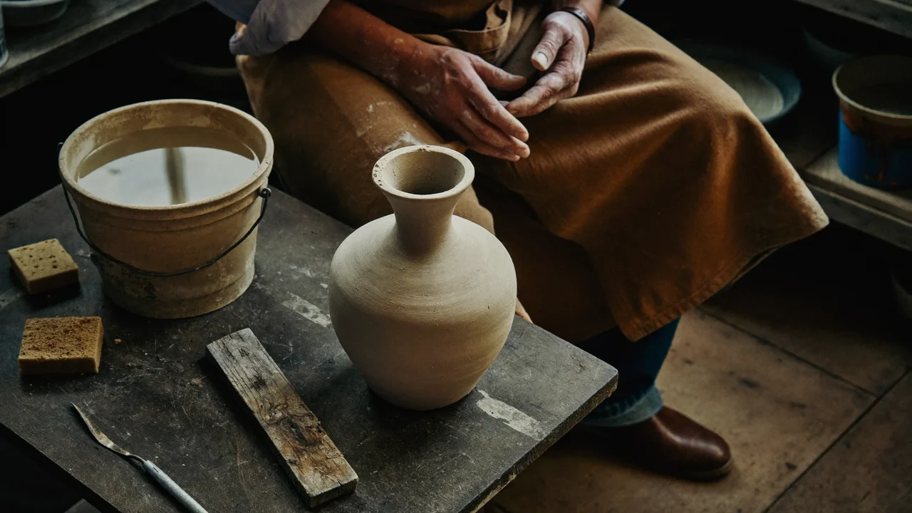 Banco di lavoro polveroso d'argilla con spugne, stecche, secchio d'acqua e un vaso a metà